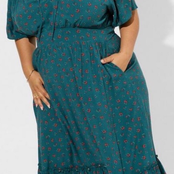 torrid Dresses & Skirts - torrid Teal Floral Midi Dress with Pockets and Ruffle Hem